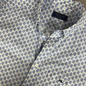 Vineyard Vines Stretch Poplin Button Down Shirt Blue White Leaf Tile Pattern L
